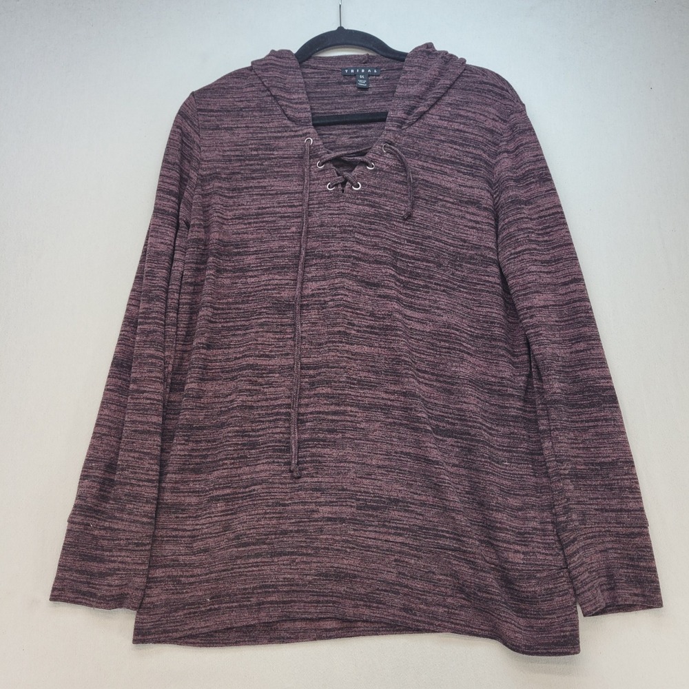 Tribal Hoodie Women Large Burgundy Space Dye Lace Up Neck Pullover Long Sleeve